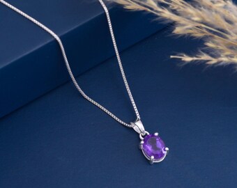 Amethyst Oval Pendant Necklace: 925 Sterling Silver Birthstone