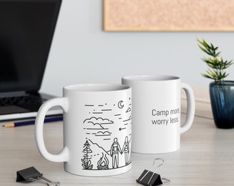 Camping Mug "Camp more, worry less." Ceramic Mug, (11oz, 15oz)