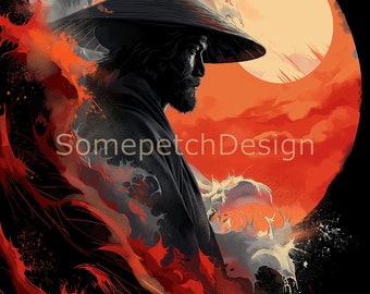 Samurai and Ocean Red Sun Background, Digital Download