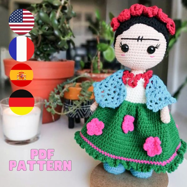 Frida Kahlo Amigurumi Doll Crochet Pattern, Frida Khalo Amigurumi, Frida Crochet Pattern, Frida Khalo Crochet Pattern, Frida Khalo Doll, PDF