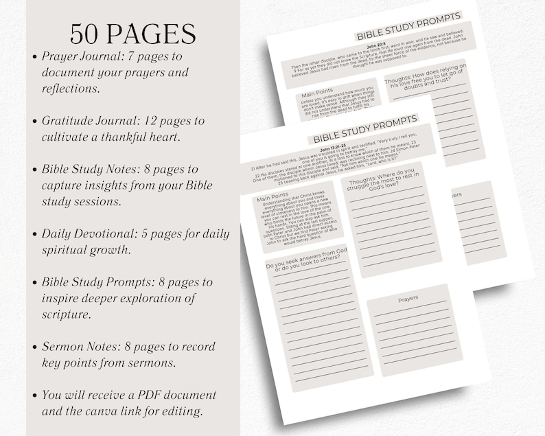 Puede incluir: Un planificador digital imprimible para el estudio de la Biblia con 50 p&aacute;ginas. El planificador incluye secciones para un diario de oraci&oacute;n, un diario de gratitud, notas de estudio b&iacute;blico, devocionales diarios, indicaciones para el estudio b&iacute;blico y notas de sermones. El planificador est&aacute; dise&ntilde;ado para ayudarte a crecer en tu fe y profundizar tu comprensi&oacute;n de las Escrituras.