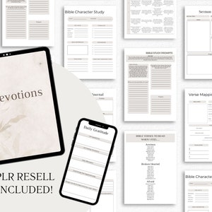Puede incluir: Un planificador digital con fondo beige y dise&ntilde;o floral. El planificador incluye p&aacute;ginas para devociones, estudio b&iacute;blico, notas de sermones, mapeo de vers&iacute;culos y gratitud diaria. El texto "PLR RESELL INCLUDED!" se muestra en la parte inferior de la imagen.