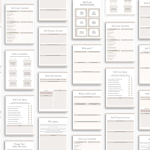 May include: A printable set of self-care and self-love journal pages. The pages are beige with black text and include prompts such as "Self-Care Checklist", "Self-Love Habits", "Self-Love Quiz", "Who am I?", "What is Self-Love?", "My Legacy", and "Things That Make Me Smile".