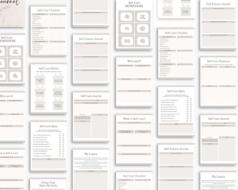 May include: A printable set of self-care and self-love journal pages. The pages are beige with black text and include prompts such as "Self-Care Checklist", "Self-Love Habits", "Self-Love Quiz", "Who am I?", "What is Self-Love?", "My Legacy", and "Things That Make Me Smile".