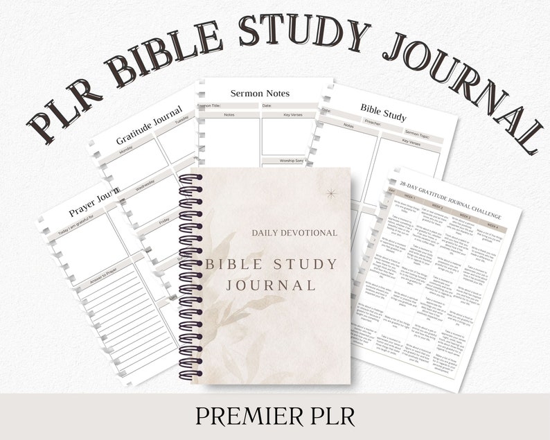 Puede incluir: Un diario de estudio b&iacute;blico beige y blanco con un dise&ntilde;o floral y el texto "Daily Devotional Bible Study Journal" en la portada. El diario est&aacute; abierto en una p&aacute;gina con el texto "28 Day Gratitude Journal Challenge".