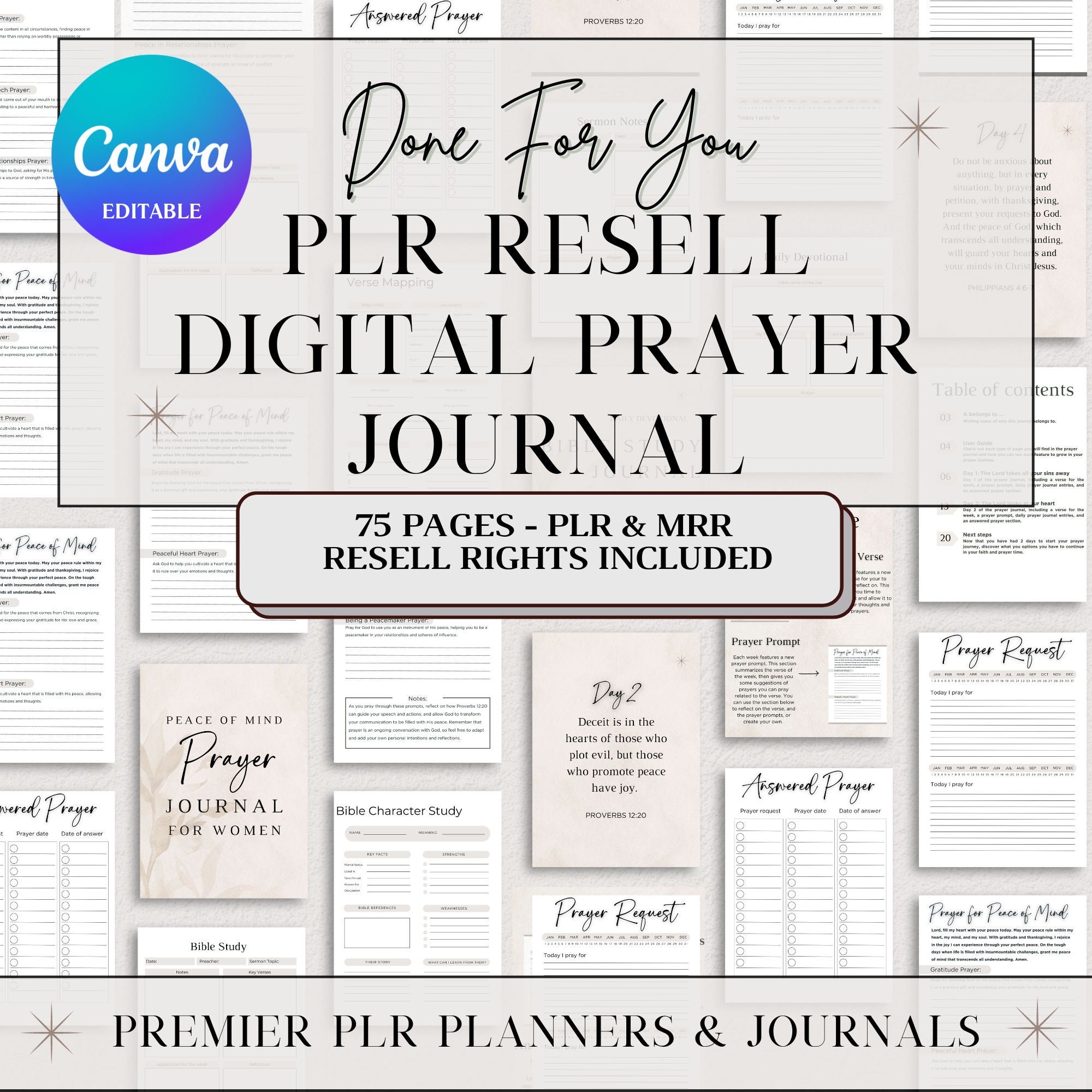 PLR Digital Journal, PLR Digital Products, Bible Study Guide Canva Journal Template for women, journal prompts, Bible Study Prayer Journal