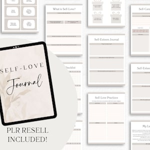 May include: A digital tablet displaying a self-love journal with a beige background and a watercolor-style floral design. The text "SELF-LOVE Journal" is written in black cursive font. The text "PLR RESELL INCLUDED!" is written in black bold font below the journal cover.