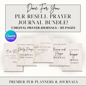 May include: A digital product bundle of five prayer journals, each with a different theme. The covers feature a beige background with a floral design and text that includes "Be Still Daily Prayer Journal for Women", "Bible Study Journal", "Planner and Prayer Journal", and "Prayer Journal for Women".