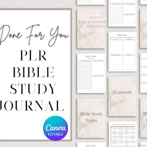 Puede incluir: Un diario de estudio b&iacute;blico digital imprimible con un dise&ntilde;o floral. El diario incluye p&aacute;ginas para la oraci&oacute;n diaria, la gratitud, las notas de estudio b&iacute;blico y las indicaciones de estudio b&iacute;blico. El texto "Done For You PLR Bible Study Journal" se muestra en la portada.