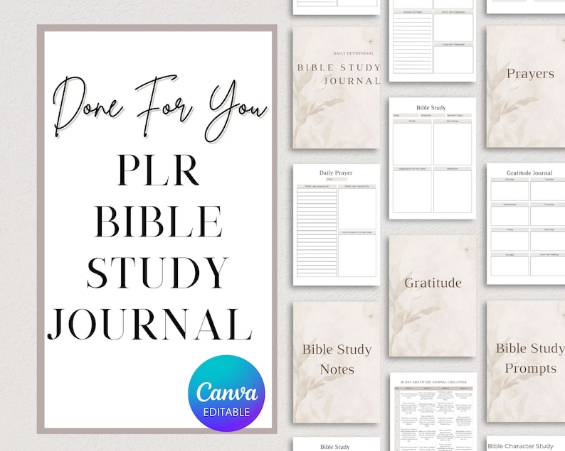 Puede incluir: Un diario de estudio b&iacute;blico digital imprimible con un dise&ntilde;o floral. El diario incluye p&aacute;ginas para la oraci&oacute;n diaria, la gratitud, las notas de estudio b&iacute;blico y las indicaciones de estudio b&iacute;blico. El texto "Done For You PLR Bible Study Journal" se muestra en la portada.