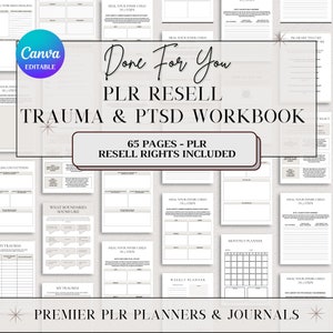 Puede incluir: Una maqueta de producto digital para un cuaderno de trabajo sobre trauma y trastorno de estrés postraumático. La portada presenta un fondo gris claro con una estrella blanca y el texto "Done For You PLR Resell Trauma & PTSD Workbook 65 Pages - PLR Resell Rights Included". El texto "Premier PLR Planners & Journals" está en la parte inferior de la imagen.