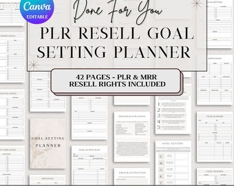 May include: A collage of printable goal setting planner pages featuring the text "Done For You PLR Resell Goal Setting Planner" and "42 Pages - PLR & MRR Resell Rights Included". The pages are designed with a minimalist aesthetic and include sections for goal setting, action plans, procrastination, and goal tracking.