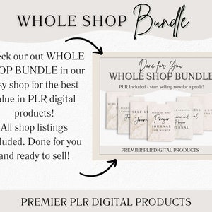 Puede incluir: Un paquete de productos digitales para vendedores de Etsy, que incluye una variedad de diarios y planificadores imprimibles. El texto "Done for You WHOLE SHOP BUNDLE" se muestra en un cuadro blanco con un fondo rosa. El texto "PLR Included - start selling now for a profit!" se muestra debajo del texto principal. El texto "PREMIER PLR DIGITAL PRODUCTS" se muestra en la parte inferior de la imagen.