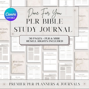 Könnte beinhalten: Ein digitales Produkt-Mockup für ein druckbares Bibelstudien-Tagebuch. Das Cover zeigt einen beigefarbenen Hintergrund mit einem weißen Textüberlagerung, der "Done For You PLR BIBLE STUDY JOURNAL 50 PAGES - PLR & MRR RESELL RIGHTS INCLUDED" lautet. Das Bild zeigt mehrere Seiten des Tagebuchs, darunter Abschnitte für Bibelstudien-Anregungen, Charakterstudien, tägliche Andachten, Predigtnotizen und Gebete.