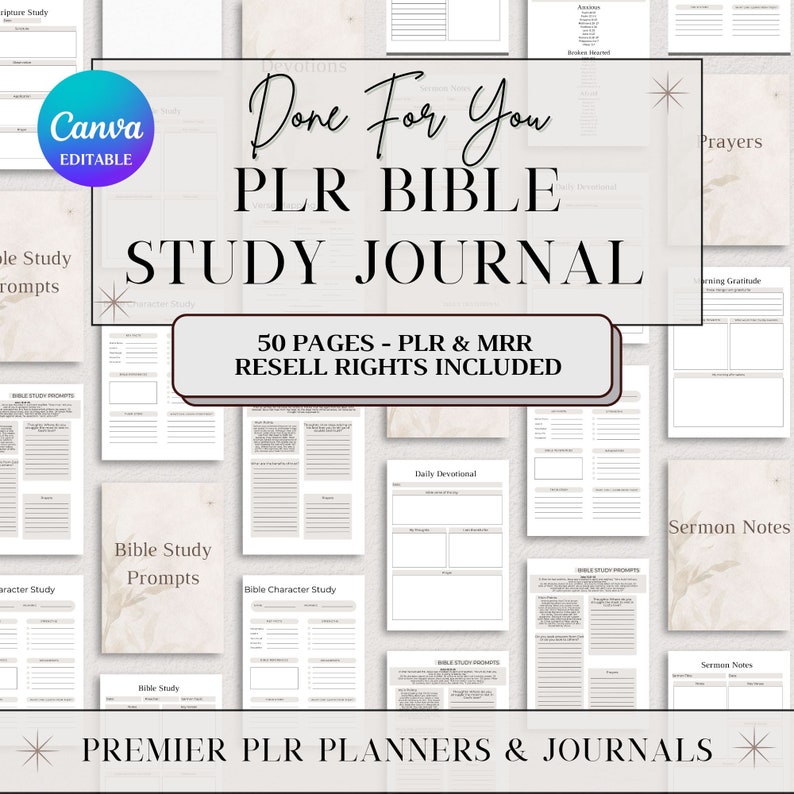 Puede incluir: Una maqueta de producto digital para un diario de estudio b&iacute;blico imprimible. La portada presenta un fondo beige con un texto blanco superpuesto que dice "Done For You PLR BIBLE STUDY JOURNAL 50 PAGES - PLR & MRR RESELL RIGHTS INCLUDED". La imagen muestra varias p&aacute;ginas del diario, incluidas secciones para indicaciones de estudio b&iacute;blico, estudio de personajes, devocional diario, notas de sermones y oraciones.