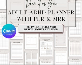 MRR plr ADHD Planner Adult Printable Digital Productivity Journal, Done for you commercial resell digital product planner journal,plr resell