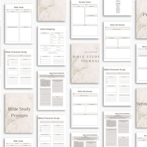 Puede incluir: Un conjunto de p&aacute;ginas de diario de estudio b&iacute;blico imprimibles con un fondo beige y un dise&ntilde;o floral. Las p&aacute;ginas incluyen secciones para indicaciones de estudio b&iacute;blico, mapeo de vers&iacute;culos, estudio de personajes, notas de sermones y devocional diario.