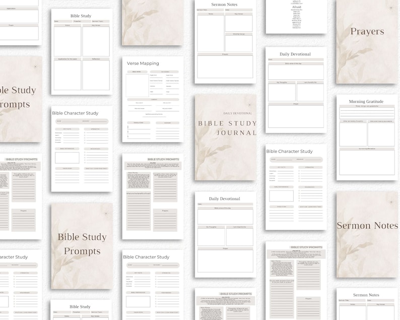 Puede incluir: Un conjunto de p&aacute;ginas de diario de estudio b&iacute;blico imprimibles con un fondo beige y un dise&ntilde;o floral. Las p&aacute;ginas incluyen secciones para indicaciones de estudio b&iacute;blico, mapeo de vers&iacute;culos, estudio de personajes, notas de sermones y devocional diario.