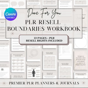 May include: A digital printable workbook with a beige background and black text. The title is "PLR Resell Boundaries Workbook". The subtitle is "22 Pages - PLR Resell Rights Included". The workbook is designed to help people set boundaries in their lives.