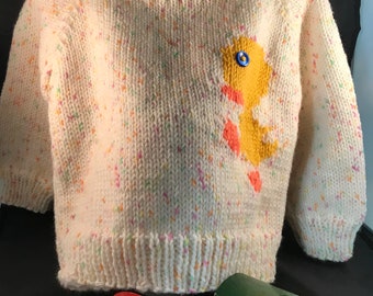 DUCK, DUCK SWEATER, Handknit Unisex Baby Sweater, Size 12 months