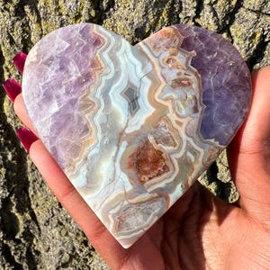 High Quality Amethyst Lace Agate Puffy Heart - Third Eye + Solar Plexus Chakra