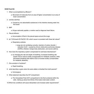 May include: A white document titled D236 Final OA containing a list of ten numbered medical study questions and answers. The text covers topics including diffusion, osmotic diarrhea, BNP, pleural effusion, respiratory acidosis, and ICF compartments.