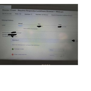 May include: A digital screen displaying a Canvas Module 3 Exam interface. The page shows exam details including 150 points, 72 questions, and a 120-minute time limit. A matching question is visible with text prompts and dropdown menus for answers.