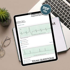 May include: A digital tablet displaying a medical exam with the title "Dysrhythmia BA Competency Exam Re". The exam questions are visible, along with a laptop, a small plant, and a notebook. The text "EXAM QUESTIONS" is also visible.