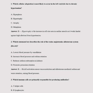 Puede incluir: Un documento titulado WGU D115 Advanced Pathophysiology Objective Assessment | Questions and Answers | 2026 Update. El texto enumera tres preguntas de opción múltiple sobre la adaptación celular, el sistema renina-angiotensina-aldosterona y las células inmunitarias.
