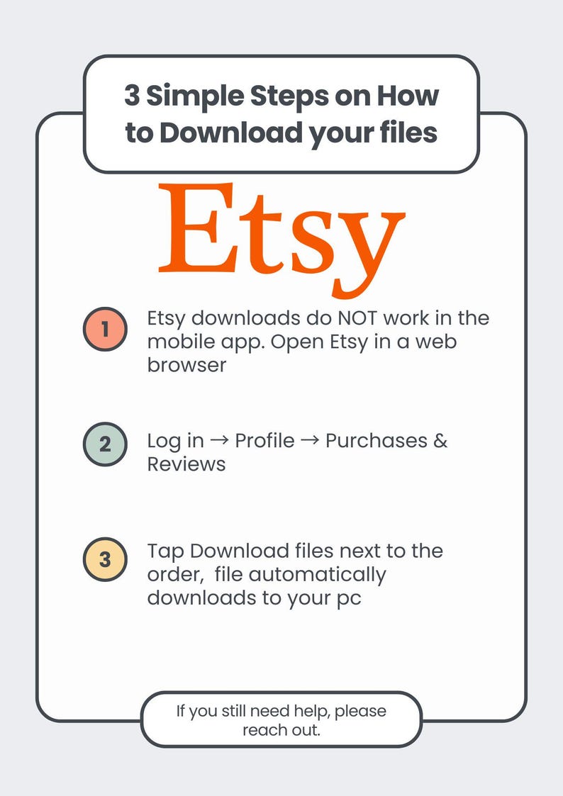 May include: A graphic with instructions on how to download files from Etsy. The title reads "3 Simple Steps on How to Download your files" with the Etsy logo. The steps include opening Etsy in a web browser, logging in, and tapping "Download files."