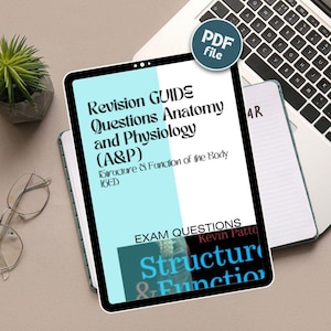 Può includere: Un tablet digitale mostra una guida di revisione di anatomia e fisiologia, con il testo "Revision GUIDE Questions Anatomy and Physiology (A&P)". Un'icona "PDF file" è nell'angolo. Sono visibili anche un laptop e una piccola pianta in vaso.