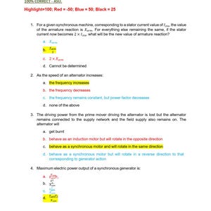 May include: A document titled EEE 360 MIDTERM EXAM 2 containing four multiple-choice questions about synchronous machines and alternators. The text includes specific color-coded answers highlighted in yellow, red, and blue ink.