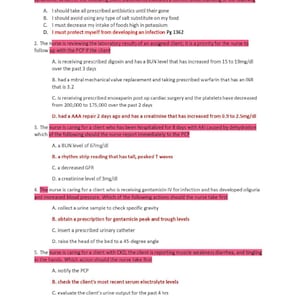Puede incluir: Un documento impreso que contiene cinco preguntas de examen de enfermería con respuestas de opción múltiple. Cada pregunta está numerada y presenta texto resaltado en rosa. El contenido se centra en escenarios clínicos que involucran síndrome nefrótico, resultados de laboratorio, lesión renal aguda, administración de gentamicina y manejo de enfermedad renal crónica.