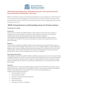 Pode incluir: Um documento branco intitulado APEA Predictor Exam Blueprint 2026 com o logótipo da Advanced Practice Education Associates. O texto descreve domínios de teste, incluindo avaliação, diagnóstico, planeamento, intervenção e avaliação.