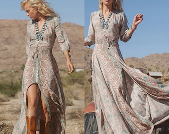 Vintage Floral Boho Dress Chiffon V-Neck with Three Quarter Sleeves for Summer Gypsy Hippie Look