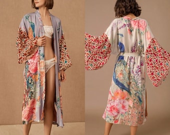 Peacock Printed Beach Kimono Women Swimsuit Cover-Up with Self Belted Wrap Design for Seaside