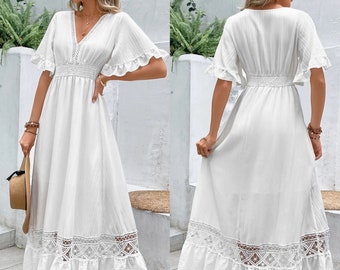 Elegant White Maxi Dress Bohemian Style with Hollow Hem, Short Sleeves, and High Waist for Beach Parties