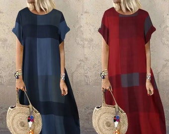 Check Maxi Summer Dress Fashionable Baggy Sundress with Casual Short Sleeves and Plaid Pattern for Women