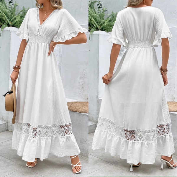 Elegant White Maxi Dress Bohemian Style with Hollow Hem, Short Sleeves, and High Waist for Beach Parties