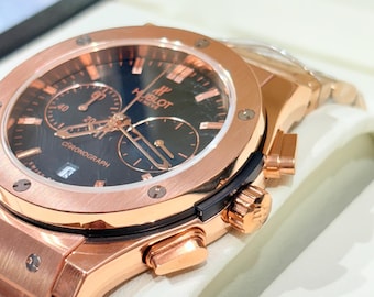 Vintage Hublot Classic Fusion Chronograph Men's Watch Rose Gold Black Dial Quartz Date Wristwatch