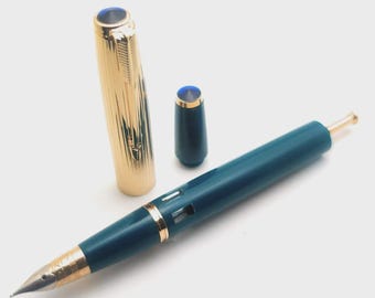Wing Sung 601A Fountain Pen | Blue-Green, Gold Cap, Fine Nib