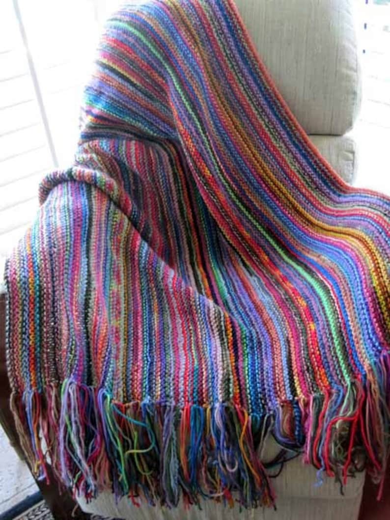 Knitted Afghan Blanket Throw Brightly Colored Lush Fringes Etsy
