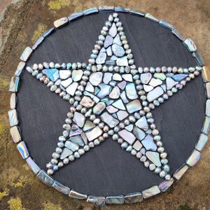 Handmade black rainbow seashell and pearl pentagram mosaic altar decor
