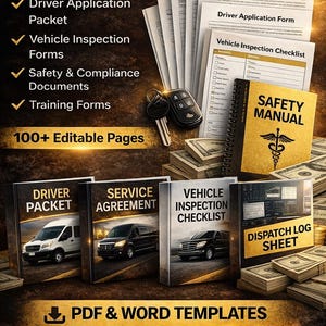 May include: Image of business documents and forms for non-emergency medical transportation. Includes service agreements, driver applications, vehicle inspection checklists, and safety manuals. The text reads "What You Get" and "PDF & Word Templates."