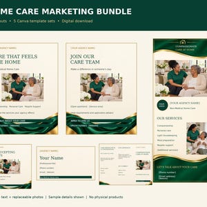 May include: A digital home care marketing bundle featuring 13 layouts and 5 Canva template sets. The designs include text placeholders, images of caregivers with seniors, and a dark green and gold wavy graphic theme for agency branding.