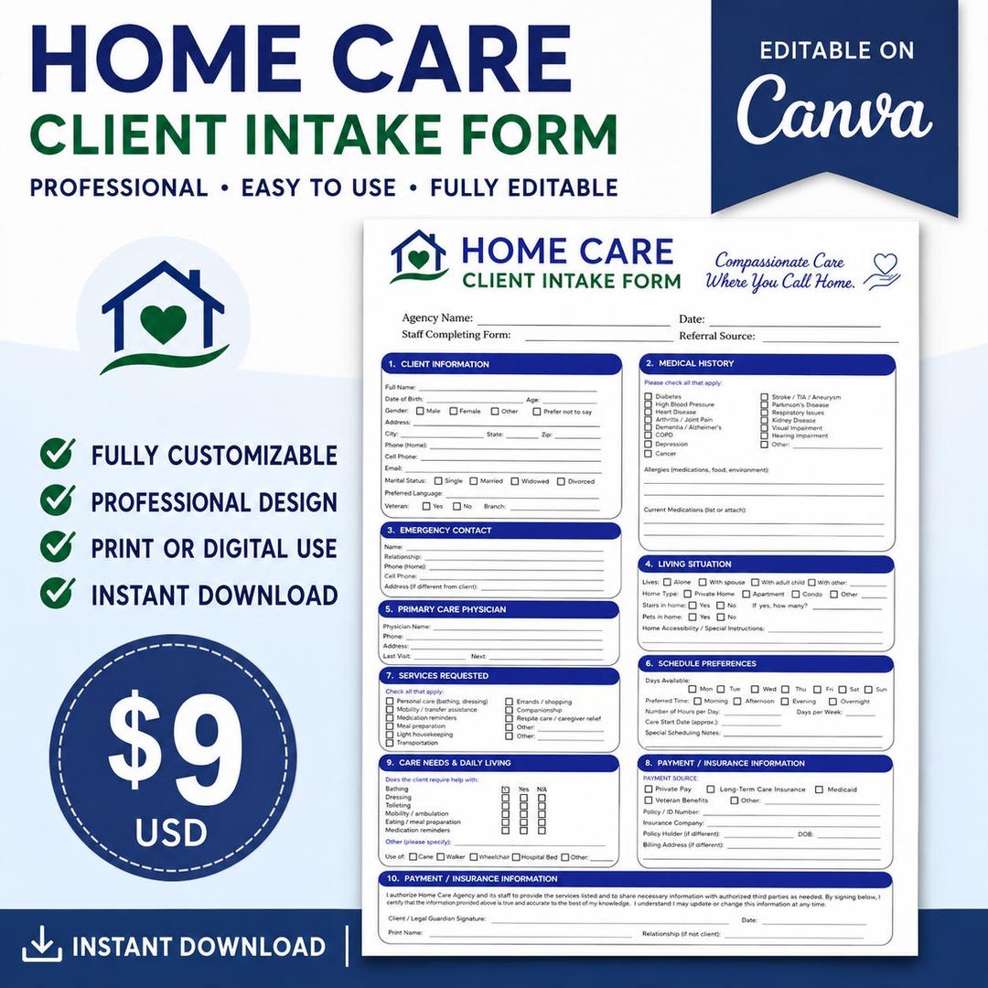 Editable Home Care Client Intake Form Template | Canva Intake Form ...
