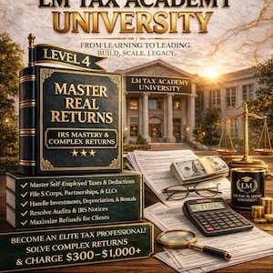 May include: An advertisement for LM Tax Academy University. The image features a book titled "Master Real Returns" and a list of services. Other elements include a calculator, money, a coffee mug, and a building in the background.