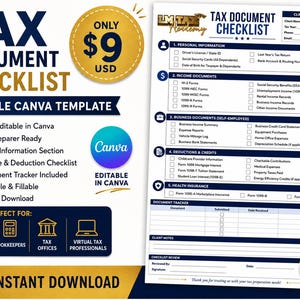 May include: An editable tax document checklist template for Canva featuring sections for personal information, income documents, business records, deductions, credits, and health insurance. The document includes a tracker and client information fields.