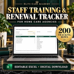Peut inclure: Un tableur numérique de suivi de formation et de renouvellement du personnel pour agences de soins à domicile affiché sur un écran d'ordinateur portable. L'interface présente des colonnes de mesures, de comptes et d'alertes. Badge doré 200 lignes.