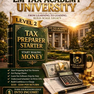 May include: An advertisement for LM Tax Academy University. The image features a large book labeled "Tax Preparer Starter" and a mug. Other items include money, a calculator, and a pen. The text promotes tax preparation training.
